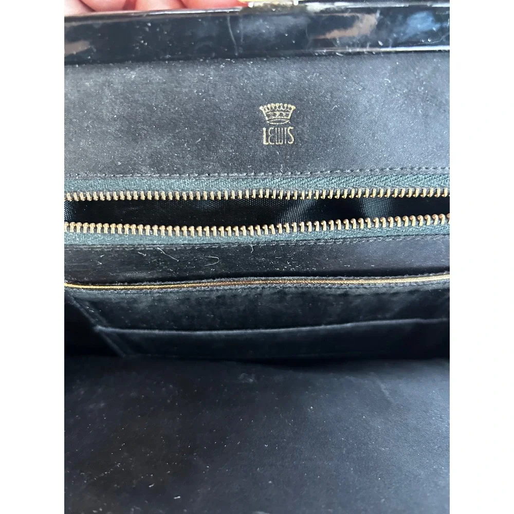 Vintage Lewis Black Patent Leather Top Handle Bag Kiss Lock Gold Hardware